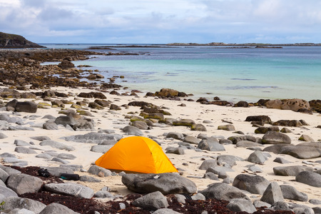 tourist tent on ocean beach,  Lofoten, Norwayの写真素材