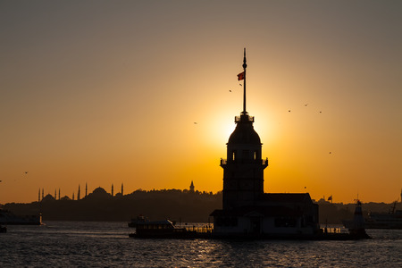 Maiden Tower , Tower of Leandros, Kiz Kulesi, tranquil scenery at the entrance to Bosporus Strait in Istanbul, Turkeyの写真素材