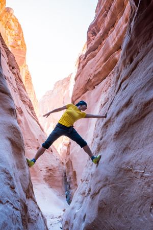 Sport girl climbing in canyon, Sinai, Egyptの写真素材