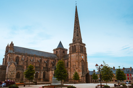 Main square and Cathedrale  Saint-Tugdual de Treguier. The Roman Catholic church and former cathedral in Treguier in Brittany, dedicated to Saint Tudwal.の写真素材