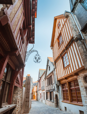street in old Breton Brittany town Vitre, ille-et-vilaine, Franceの写真素材
