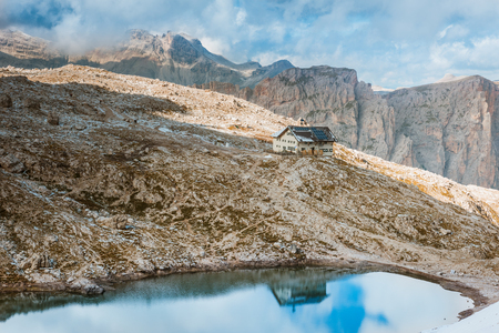 View to rifugio Pisciadu on Sella Ronda Dolomites Italyの写真素材