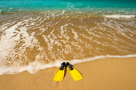 yellow flippers on sand beach of blue seaの写真素材