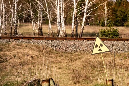 Ionizing Radiation sign near Chernobyl nuclear power plant zone of alienation, Ukraineの写真素材