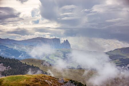 Sunrise over Alpe di Siusi mountains, Dolomites, Trentino South Tyrol, Italy, Europe