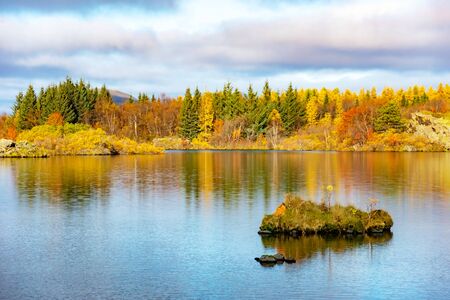 Lake Myvatn in Northern Iceland. Quiet autumn landscape. Famous tourist attraction.の写真素材