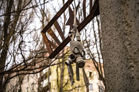Old Gas mask in settlement, Chernobyl Exclusion Zone, Ukraineの写真素材