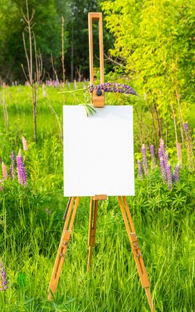 Wooden easel with white paper on green nature backgroundの写真素材