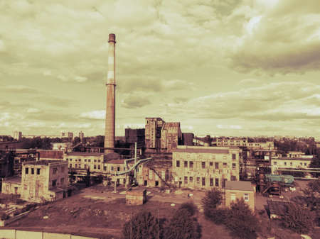 Aerial drone shot of old  coal industrial zone with smoke stack. Air pollution concept.の写真素材
