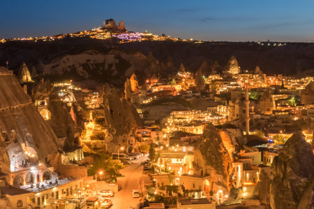 Beautiful aeral night view Goreme, Cappadocia, Turkeyの写真素材