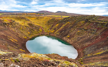 Volcanic crater Kerid with blue lake inside, Iceland tourist attractionの写真素材