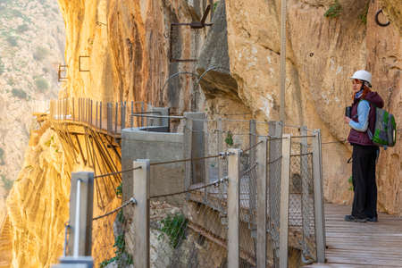 tourist woman in El Caminito del Rey tourist attraction Malaga, Spainの写真素材