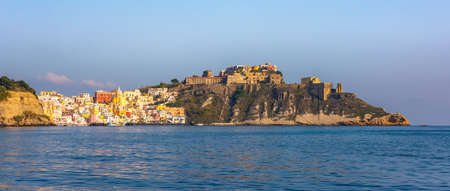 Aerial drone view of Corricella fisherman village in Procida island Naples Italy