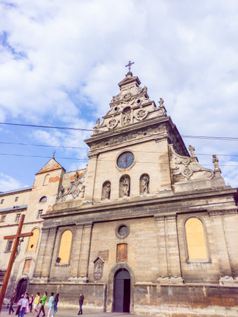 Lviv Ukraine. Bernardine monastery. Windows are covered with slabs from shellingのeditorial素材