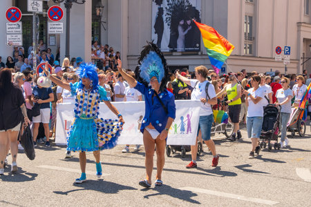 Participants at the annual Christopher street day CSD parade at the old town of Munichのeditorial素材