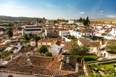 Aerial view of beautiful medieval village Obidos in the centre of Portugalの写真素材