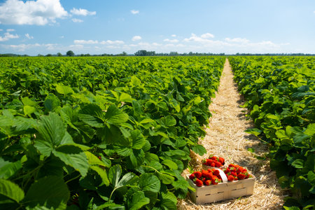 Strawberry field on fruit farm. Fresh ripe organic strawberryの写真素材