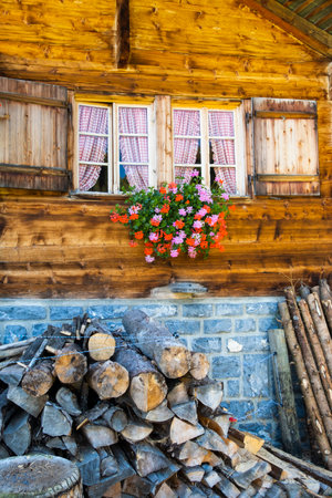 Traditional swiss house in mountain valley Kiental. Tourist and sport attraction of Switzerland.の写真素材