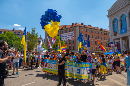 Munich, Germany - 16 July 2022: participants at the annual Christopher street day CSD parade at the old town of Munichのeditorial素材