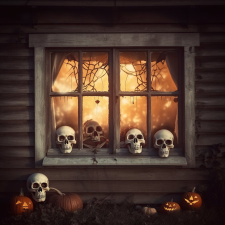 Halloween decoration concept - glowing window with skulls and pumpkins. AI generativeの素材