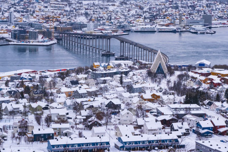 Norwegian town of Troms in the winter. Snowy arctic city with colorful houses and portの写真素材