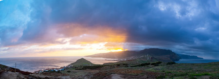 Sunset on Ponta de Sao Lourenco peninsula with small traditional village. Madeira Island Portugal.