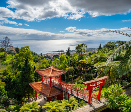 Monte Palace tropical garden with red pagoda, lakes and traditional buildings above the city of Funchal, popular tourist destination in Madeira island, Portugalの写真素材