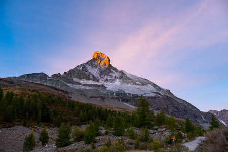 Sunrise on Matterhorn summit. Most famous and highest mountain in Swiss Alps. Mountain topの写真素材
