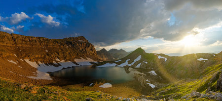 highland lake in Swiss Alps mountains. Small lake in highlands. Alpine valley Grindelwald. Jungfrau...