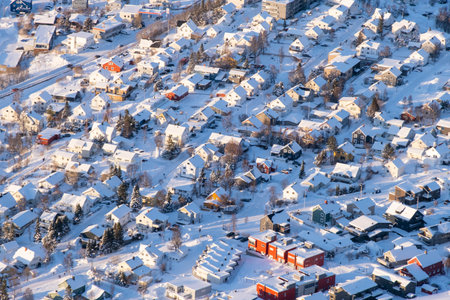 Norwegian town of Troms in the winter. Snowy arctic city with colorful houses and port