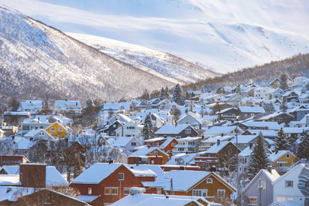 Norwegian town of Troms in the winter. Snowy arctic city with colorful houses and portの写真素材