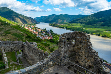 View from castle Hinterhaus in Spitz Wachau Austria with Danube river and vineyardsの写真素材