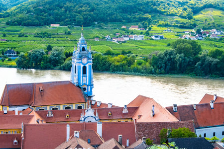 Panorama of Wachau valley with Danube river near Duernstein village in Lower Austria. Traditional wine and tourism region, Danube cruises.の写真素材