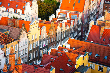 Aerial panoramic view of the Historical Old City of Gdansk. Red rooftops and colorful house