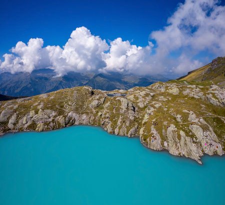 Aerial view of Mountain lake Wildsee on Pizol 5 lakes hike in Switzerlandの写真素材
