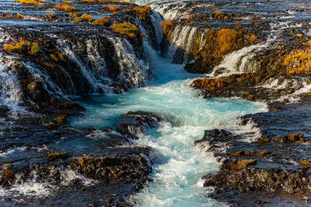 Blue Bruarfoss waterfalls in Icelandの写真素材
