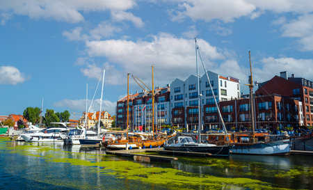 Scenic view of a marina on a sunny day, featuring a variety of yachts docked along the pier in...