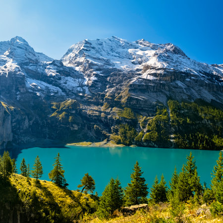 Oeschinensee lake with snow Bluemlisalp mountain on sunny summer day. Panorama of the azure lake...