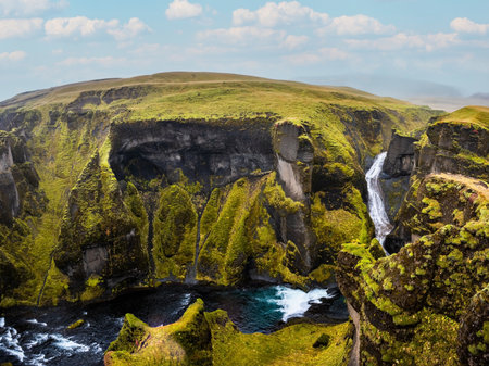 Unique landscape of Fjadrargljufur in Iceland. Top tourism destination. Fjadrargljufur Canyon is a massive canyon about 100 meters deep, located in South East of Iceland.の写真素材