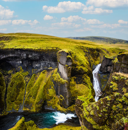 Unique landscape of Fjadrargljufur in Iceland. Top tourism destination. Fjadrargljufur Canyon is a massive canyon about 100 meters deep, located in South East of Iceland.の写真素材