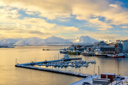Snow-covered Troms harbor with docked boats and ships, nestled against a backdrop of snow-capped...