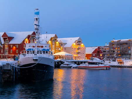 Evening scene at Tromso harbor featuring docked boats under a snowy landscape. Warm lights from red and yellow buildings reflect on the water, creating a serene winter atmosphereの写真素材