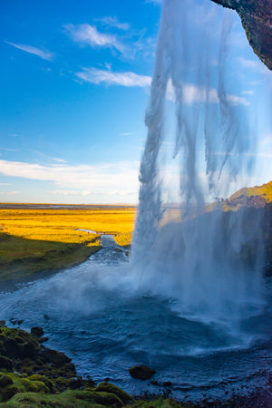 Water cascades from Seljalandsfoss waterfall, creating a misty curtain. The scene captures the lush landscape and stunning blue sky, offering a unique perspective from behind the falls.の写真素材