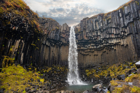 Svartifoss waterfall cascades down dramatic basalt columns in Iceland. Surrounded by vibrant autumn colors, it showcases the unique geology of the area.の写真素材