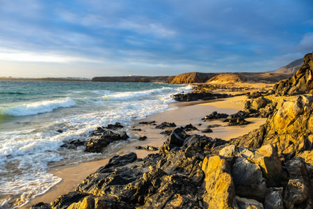 Panoramic View of Playa Papagayo with Sand And Volcanic Landscape On Sunset