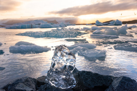 Icebergs float in Icelands glacier lagoon, reflecting the warm colors of sunset. Birds fly above,...