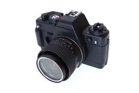 Old camera isolated on whiteの写真素材