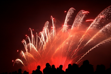 People in silhouette are watching a colorful firework showの写真素材