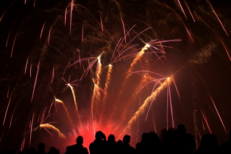 People in silhouette are watching a colorful firework showの写真素材