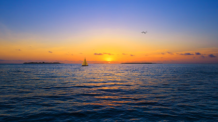 Sunset in the Maldives. The sun disappears behind the sea horizon.の写真素材